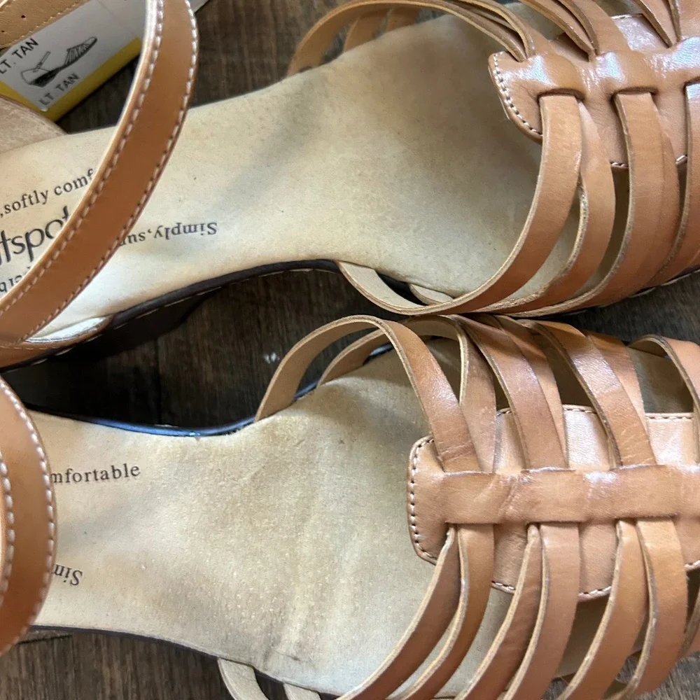 Softspots Tatianna Tan Leather Huarache Wedge Sandals Womens 9.5 WW Extra Wide